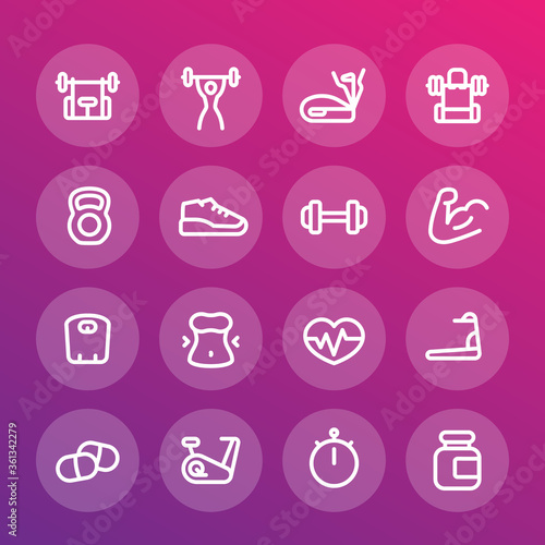 fitness and gym training line icons set, workout, sport, bodybuilding
