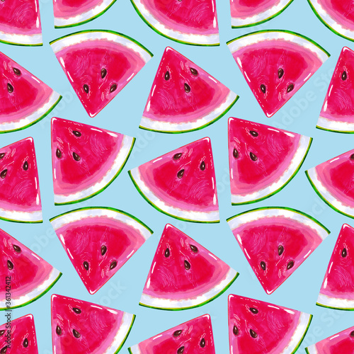 Watermelon fresh slices on a blue background. Summer dessert seamless pattern design for paper, textile, fabric.