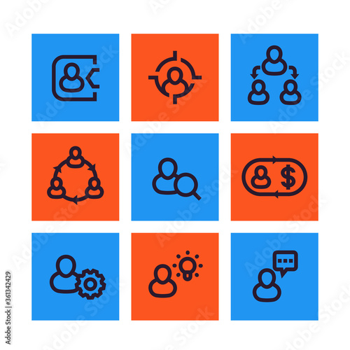 Management, human resources, HR icons, social interaction, delegation linear pictograms
