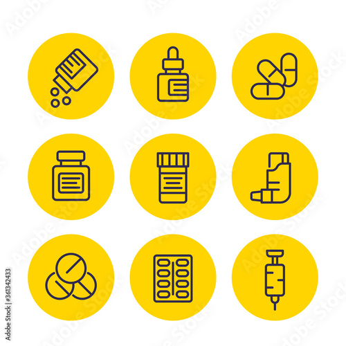 medicaments line icons set, pharmaceutics, drugs, medicine, inhaler, syringe