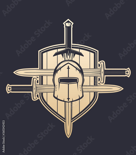 medieval helmet, swords and shield, vector emblem