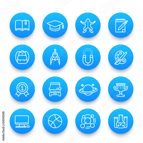 school and college linear icons set, computer class, astronomy, physics, biology, geometry, chemistry, arts