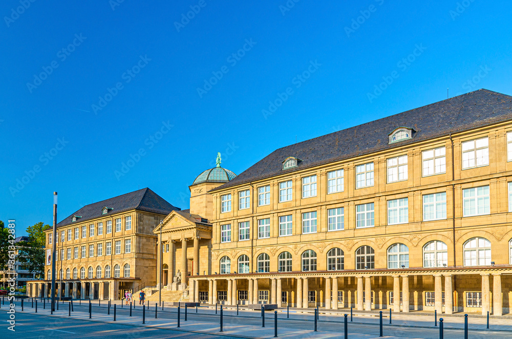 Museum Wiesbaden of art and natural history two-branch building in historical city centre, blue sky background, State of Hesse, Germany