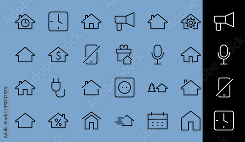 Simple set of line vector home icons. Contains house symbols at interest, infuse house and more. Editable stroke. 480x480 pixels perfect