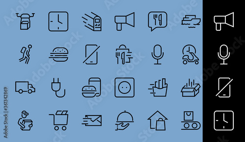 PIZZA DELIVERY, and Food Icon Set Vector thin line, contains courier, home delivery, food ordering, fast transport, drone, ship, car, editable stroke. ICONS circuits