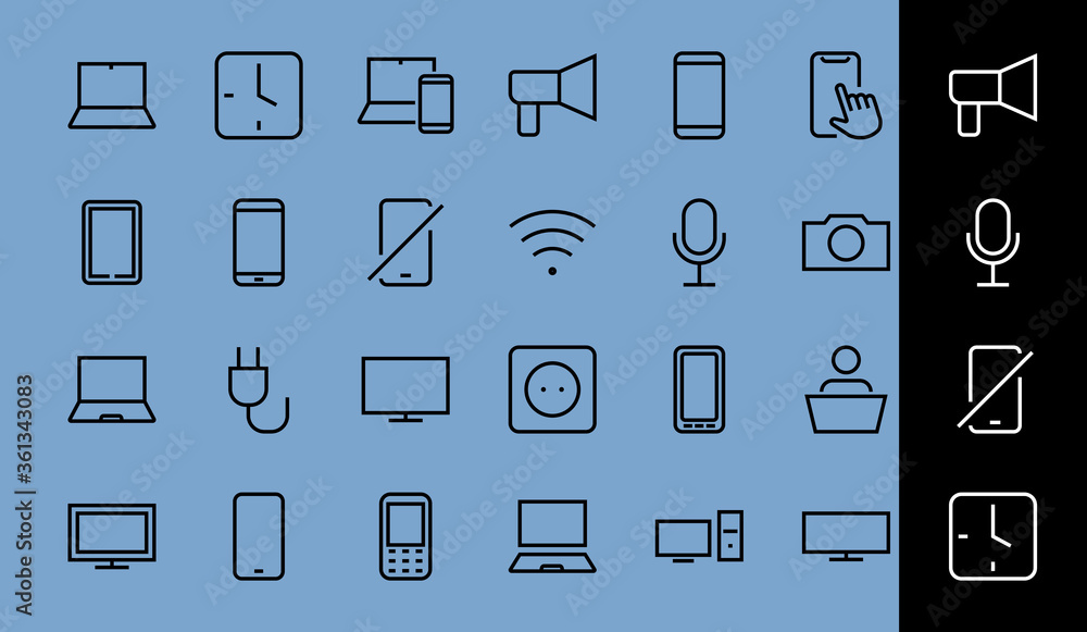 SMART devices and gadgets linear icons set, vector, contains icons computer, camera, laptop, phone, web devices, electronic appliances, and much more. Editable stroke SMART devices and gadgets linear icons set, vector, contains icons computer, camera, laptop, phone, web devices, electronic appliances, and much more. Editable stroke