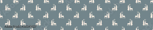 Seamless background deer forest banner. Gender neutral baby border pattern. Simple whimsical minimal earthy 2 tone color. Kids nursery animal decor edging fashion ribbon trim.
