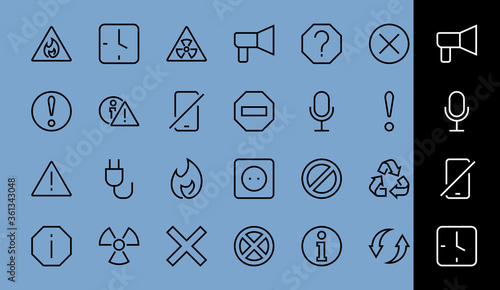 WARNINGS simple set of thin line vector icons. Contains icons such as warning, exclamation mark, reuse, warning sign and more. Editable stroke. Vector illustration
