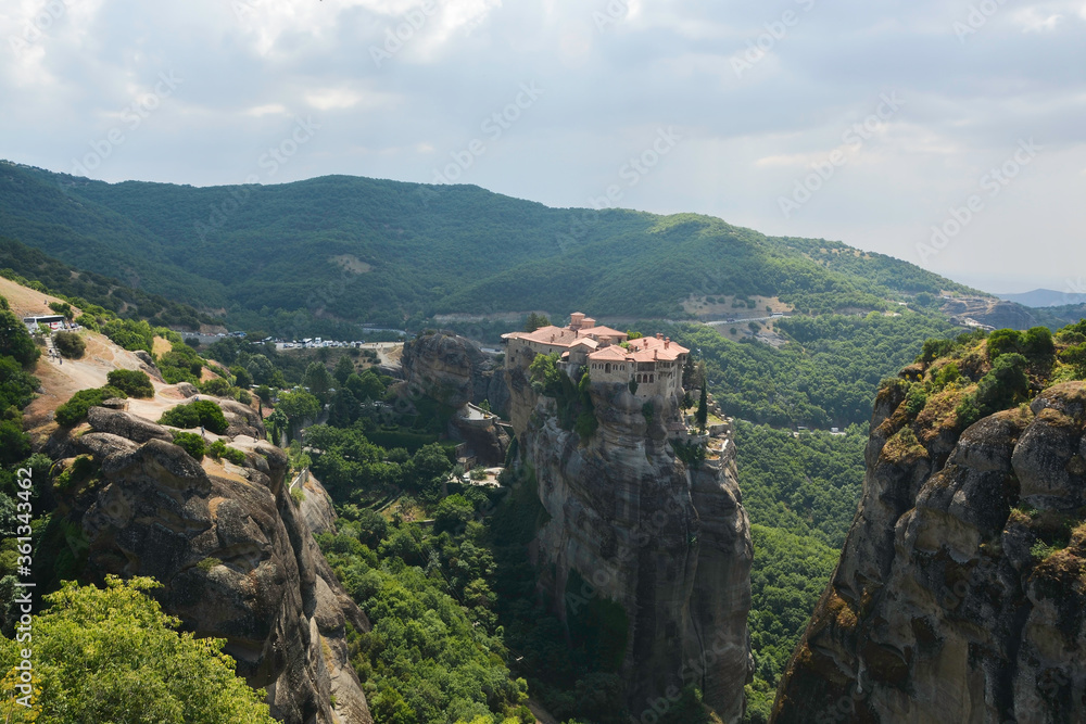 Varlaam Monastery, Greece, summer 2019. View of the Varlaam Monastery from the Great Meteora Monastery. They are located in Meteora, where the monasteries are on giant rocks.