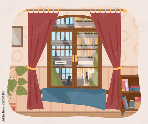 Illustration of living room, furniture, window with curtains with a view of the tall buildings. Big window and cities landcape look. View outside the window of the apartment on big city constructions