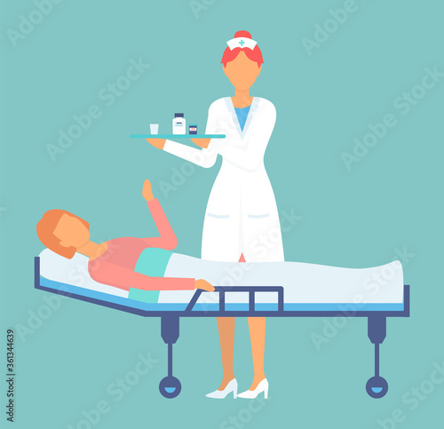 Hospitalization of the patient. A nurse or family doctor wearing uniform with medicine taking care of a sick woman lying in a medical bed. Healthcare poster, medical worker care for a sick person