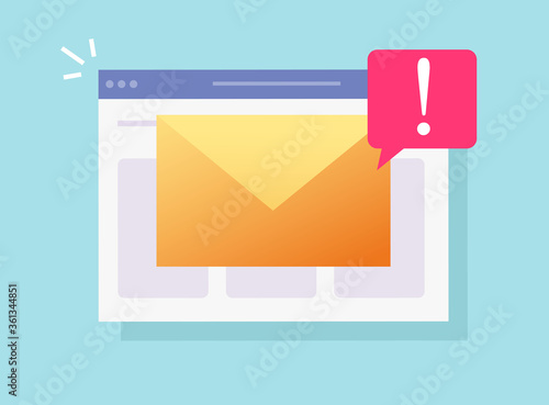 Email malware spam online notification on website page or web internet hacking risk alert vector flat cartoon icon, concept of virus ransomware waring notice symbol or digital fraud scam message