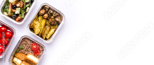 Food Delivery Concept. Mushroom dinner with potatoes and buckwheat on a white background. Copy space. Banner