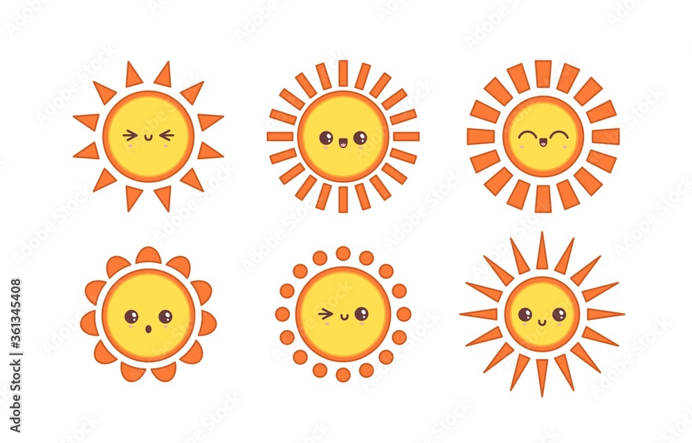 Kawaii Sun with Face. Various emotions. Minimalistic outline bright Icons. Different interpretation of Sun rays. Colored Vector set. Japanese cartoon manga style. Every Sun is isolated Stock Vector | Adobe Stock Kawaii Sun with Face. Various emotions. Minimalistic outline bright Icons. Different interpretation of Sun rays. Colored Vector set. Japanese cartoon manga style. Every Sun is isolated Stock Vector | Adobe Stock