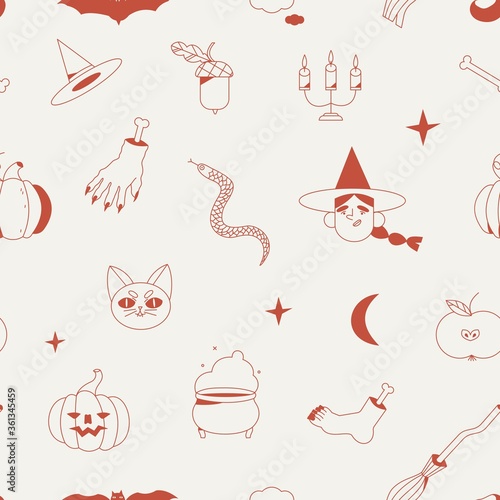 Halloween seamless pattern with different magic elements like witch head and pumpkin. Halloween party background for print, wallpaper, fabric, wrapping paper. Witchcraft and wizardry concept.