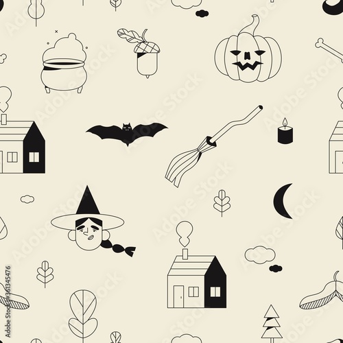 Halloween seamless pattern with different magic elements like witch head and pumpkin. Halloween party background for print, wallpaper, fabric, wrapping paper. Witchcraft and wizardry concept.
