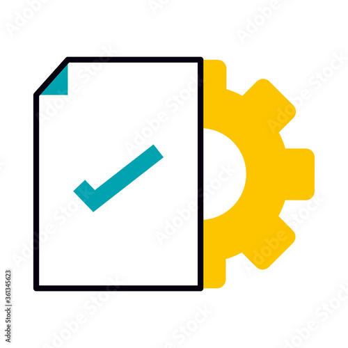 document with check mark and gear wheel icon, half line half color style
