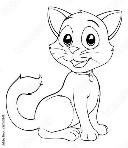A cat cute cartoon kitten animal in black and white outline like a kids coloring book page