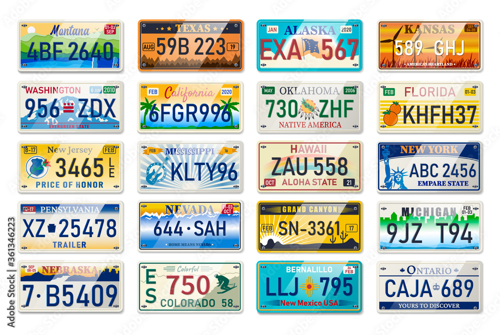 Auto plate and car numbers set of vehicle registration in USA states. Car plates. Vehicle license numbers of different American states. Metal sign boards automobile plates with digits and letters