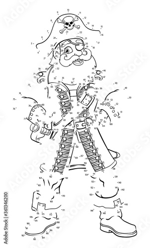 A connect or join dots to dot kids puzzle work sheet cartoon drawing of a happy pirate character