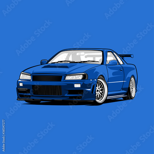 Nissan GTR R35 Blue sports car illustration vector line art photo
