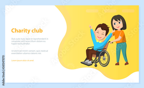 Children charity club, boy and girl happy kids. Schoolboy sitting in wheelchair, disabled character in circle rehabilitation style, back to school concept. Vector illustration in flat cartoon style