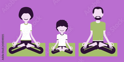 Happy yogi family in sports wear practicing yoga, meditating doing Padmasana pose, Lotus exercise, yogic practice for parents, child relationship harmony. Vector creative stylized illustration