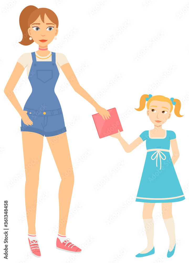 Mother and daughter, woman giving book to litle girl vector. Adult female character in denim overalls and child in dress and gaiters with ponytails Mother and daughter, woman giving book to litle girl vector. Adult female character in denim overalls and child in dress and gaiters with ponytails