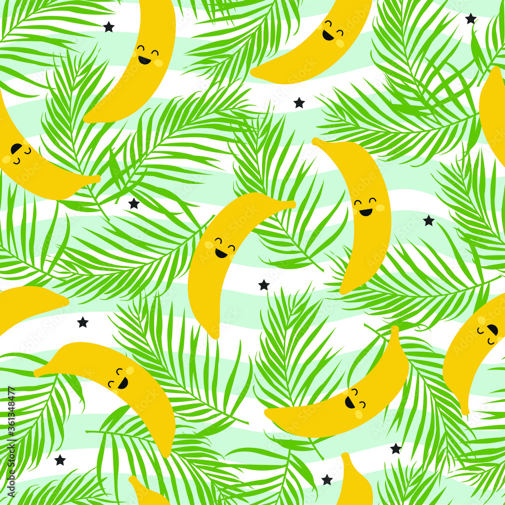 Seamless pattern with kawaii bananas and palm leaves. Vector illustration. Seamless pattern with kawaii bananas and palm leaves. Vector illustration.