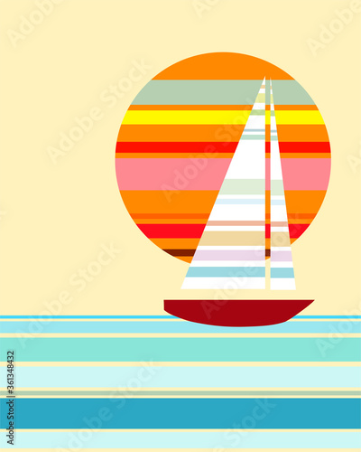 Abstract sailboat and sunset background, blue ocean and big sun with peaceful sailing boat in retro colorful design, beach or vacation modern art decor, calm summer sea, travel or relax vector