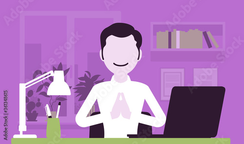 Office worker meditating to concentrate, yogi man practicing yoga at workplace, doing Namaste hand gesture, Mudra pose, relaxation before or after hard work day. Vector creative stylized illustration