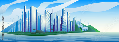 City of the future skyscrapers at dawn. City on the background of mountains withwind generators and solar panel. Vector horizontal illustration.