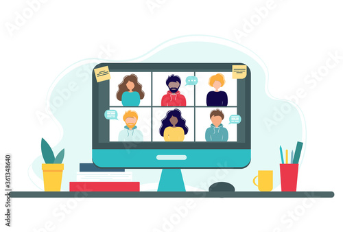 Online meeting via group call. Home office concept with computer, books and cup. Group of people doing video conference. Vector illustration in flat style. Stay at home. Self-isolation