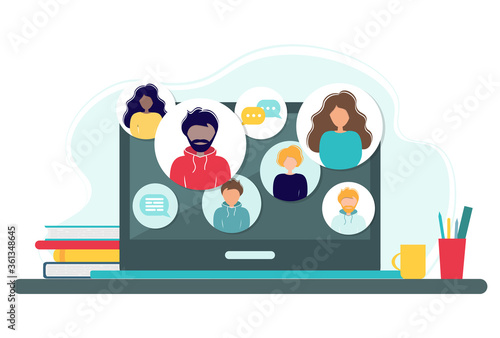 Online meeting via group call. Home office concept with computer, books and cup. Group of people doing video conference. Vector illustration in flat style. Stay at home. Self-isolation
