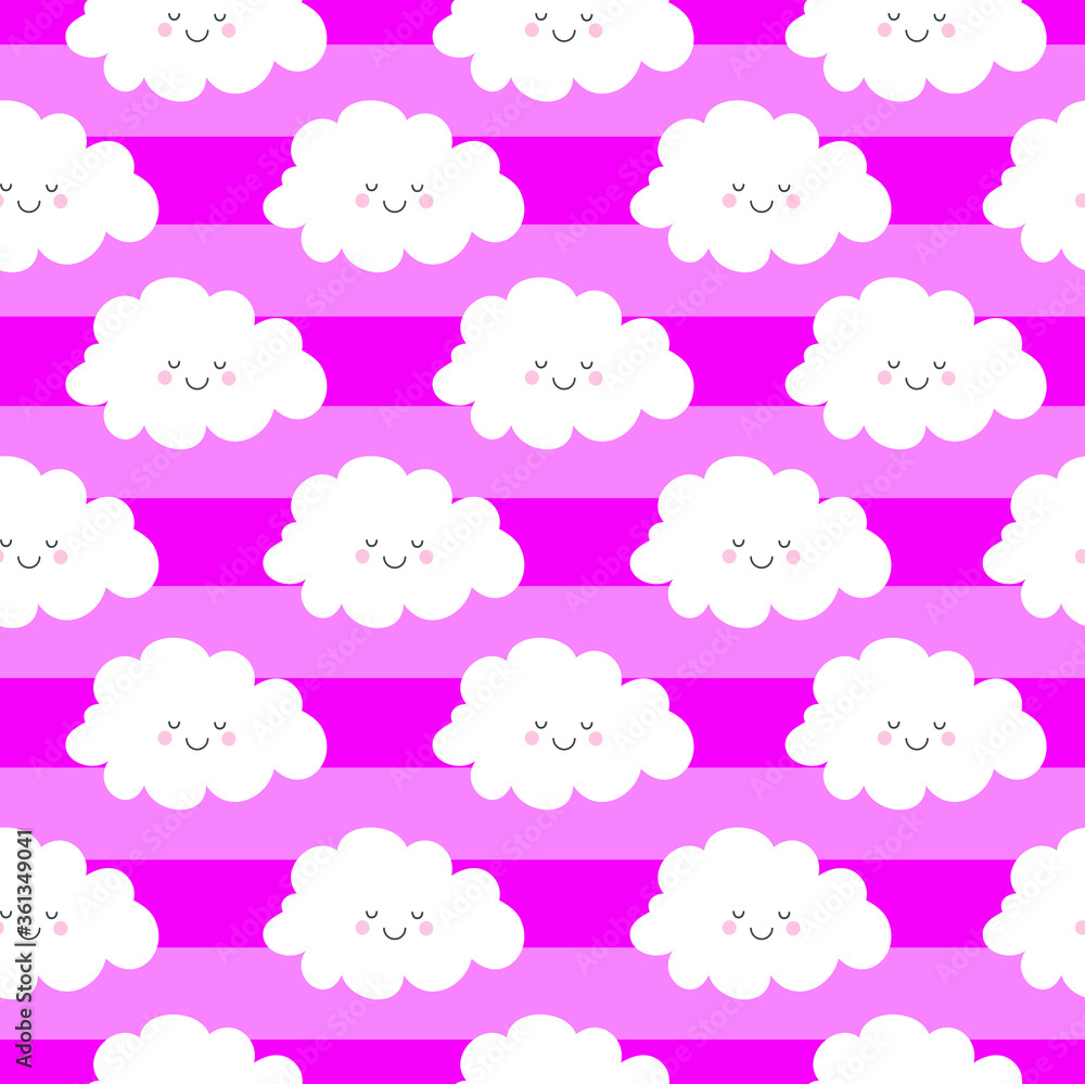 Seamless pattern with cute kawai clouds on a pink striped background. Vector illustration.