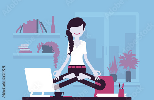 Office worker meditating for relaxation, yogi woman practicing yoga at workplace, doing Padmasana pose, Lotus exercise, restorative yogic practice in levitation. Vector creative stylized illustration