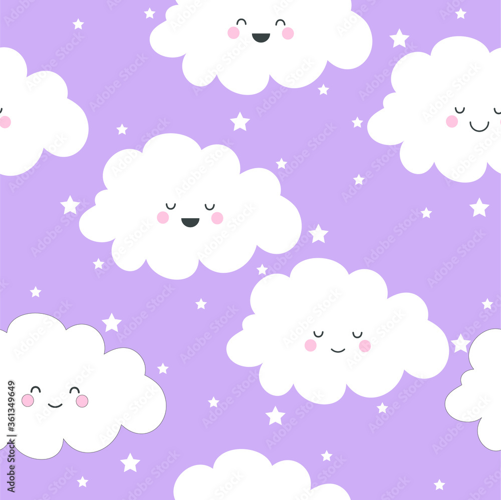 Seamless pattern with pretty smiling clouds on a purple background with stars. Vector illustration. Seamless pattern with pretty smiling clouds on a purple background with stars. Vector illustration.