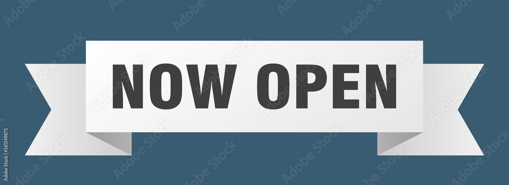 now open ribbon. now open isolated band sign. now open banner now open ribbon. now open isolated band sign. now open banner