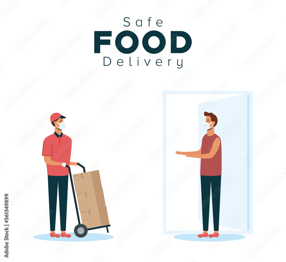 safe food delivery worker with boxes carton and client