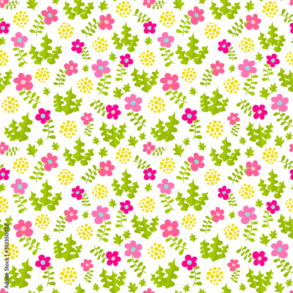 Floral vector background. Seamless pattern with flowers, leaves, grass and dots.