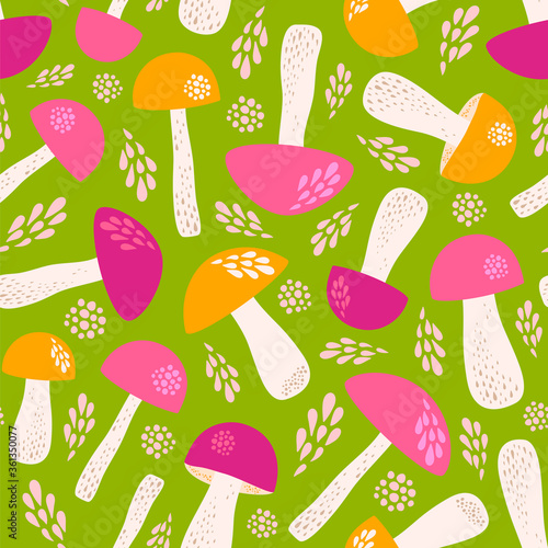 Seamless vector pattern with mushrooms in vivid colours.