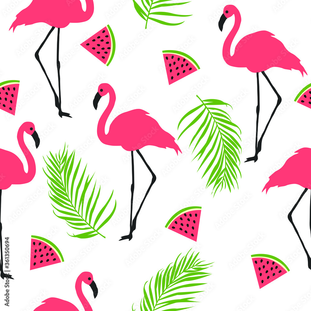 Obraz premium Summer pattern. Flamingo,palm leaves, watermelon . Vector illustration.