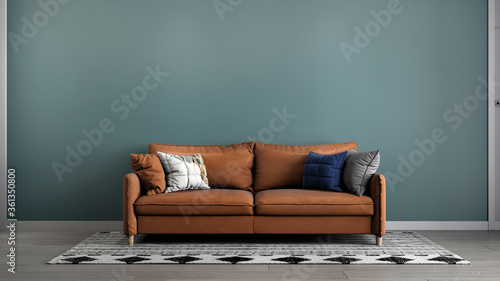 Mock up living room interior background, green room with brown sofa furniture,  3d render photo