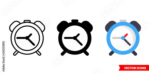 Alarm clock icon of 3 types. Isolated vector sign symbol.