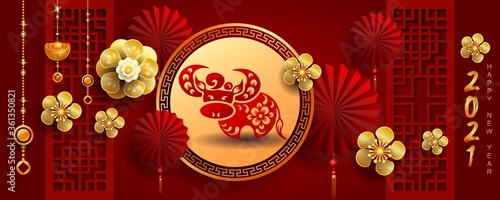 Canvas Print Happy new year 2021 / Chinese new year / Year of the ox / Zodiac sign for greetings card, invitation, posters, brochure, calendar, flyers, banners