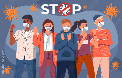 Group of multinational men and women protesting against world epidemic. Concept of coronavirus spreading. People show stop gesture and protesting against virus, crossed out sign, flying bacterias