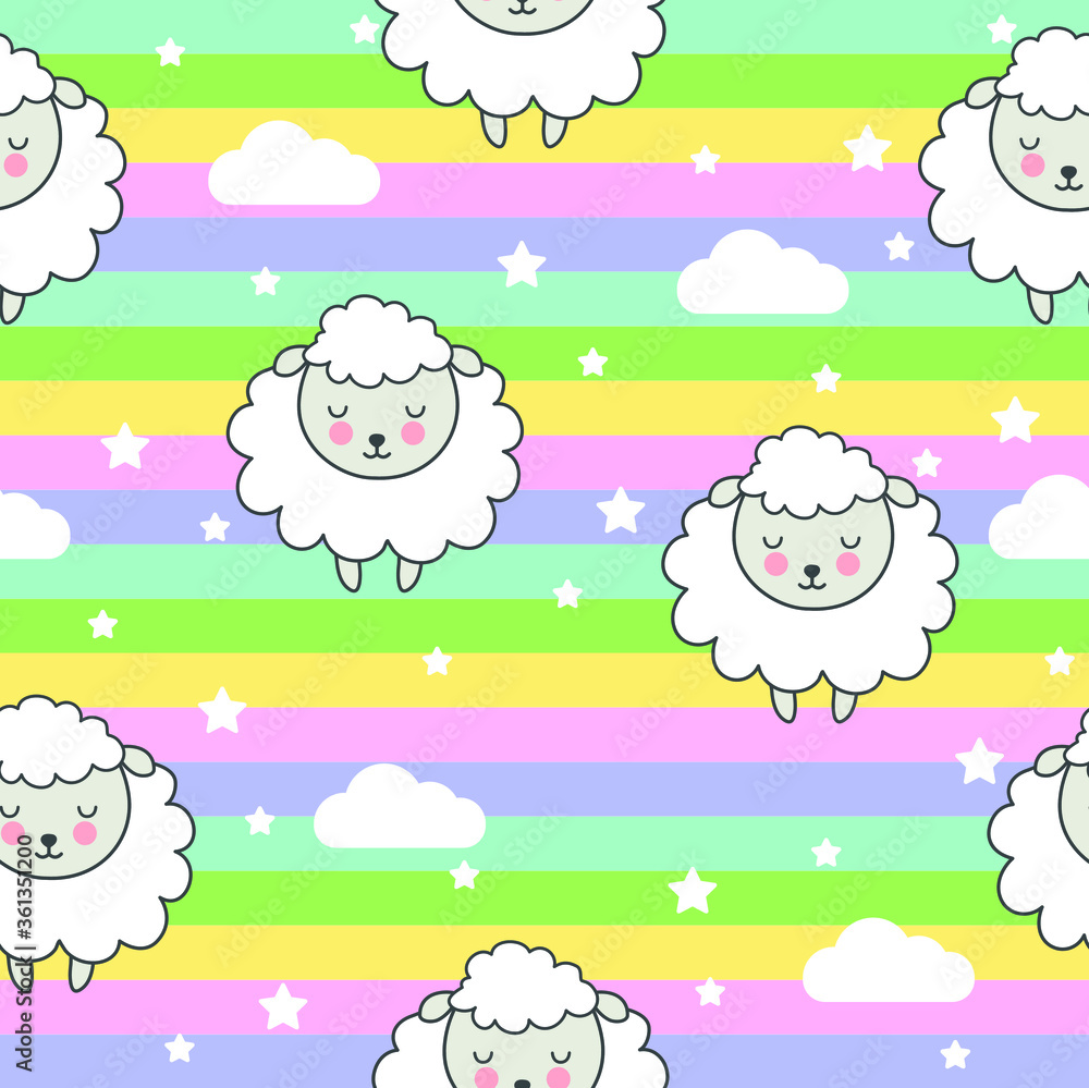 Seamless pattern with cartoon sheep on a rainbow background with clouds and stars. Vector illustration drawn by hand. Seamless pattern with cartoon sheep on a rainbow background with clouds and stars. Vector illustration drawn by hand.