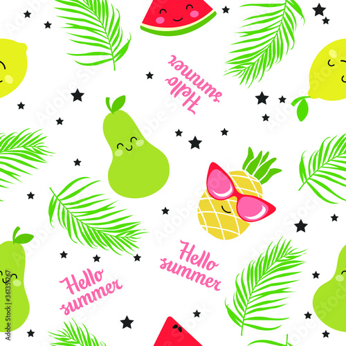 Seamless pattern with kawai fruits. Cartoon Lemon, Pineapple, Pear, Watermelon on a White Background.Vector Illustration.