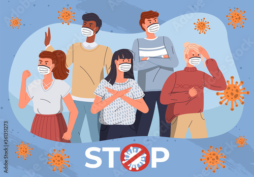 Group of mix race men and women wear face medical masks at blue background with flying virus pathogen. Stop crossed out sign, stop spreading coronavirus. Cartoon characters. Vector banner for website