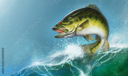 Largemouth Bass jumps out of water realistic illustration. Big bass perch fishing in the usa on a river or lake.